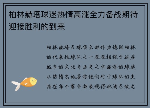 柏林赫塔球迷热情高涨全力备战期待迎接胜利的到来