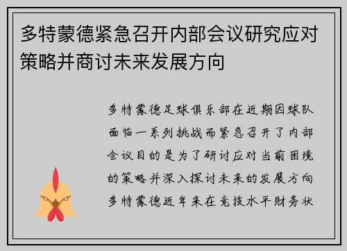 多特蒙德紧急召开内部会议研究应对策略并商讨未来发展方向