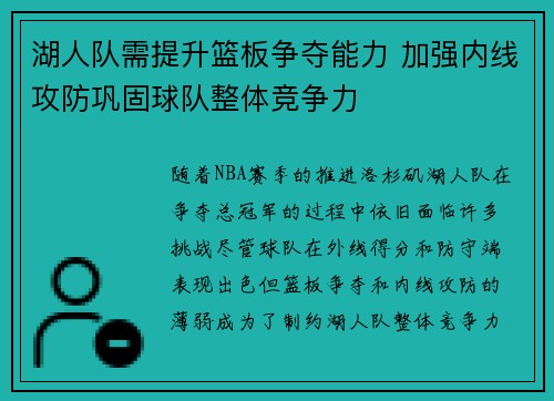 湖人队需提升篮板争夺能力 加强内线攻防巩固球队整体竞争力
