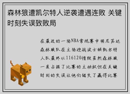 森林狼遭凯尔特人逆袭遭遇连败 关键时刻失误致败局