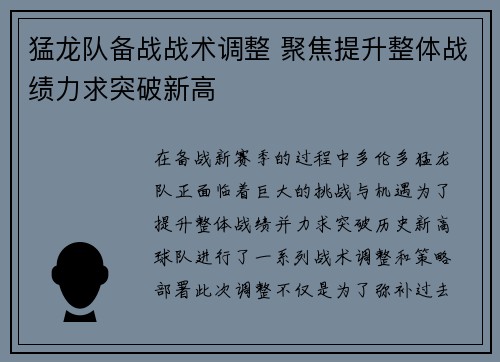 猛龙队备战战术调整 聚焦提升整体战绩力求突破新高