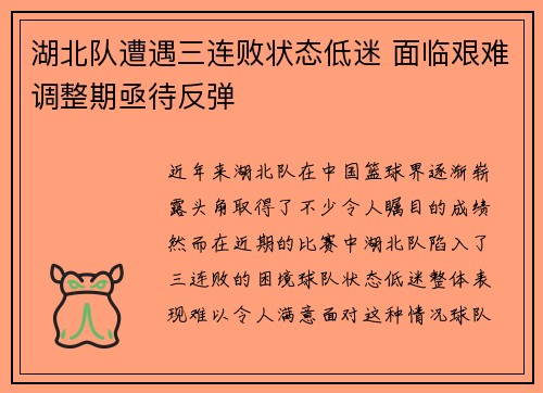 湖北队遭遇三连败状态低迷 面临艰难调整期亟待反弹