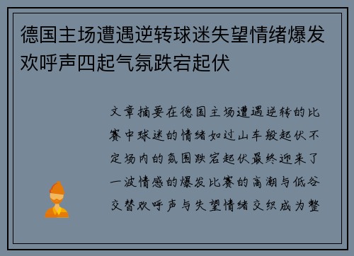德国主场遭遇逆转球迷失望情绪爆发欢呼声四起气氛跌宕起伏