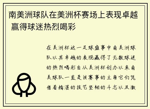 南美洲球队在美洲杯赛场上表现卓越 赢得球迷热烈喝彩