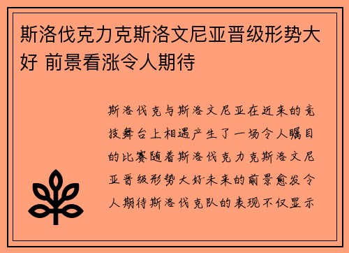 斯洛伐克力克斯洛文尼亚晋级形势大好 前景看涨令人期待