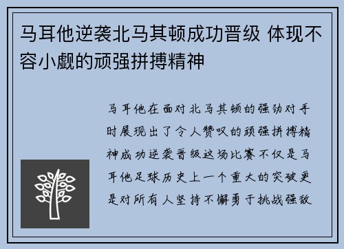 马耳他逆袭北马其顿成功晋级 体现不容小觑的顽强拼搏精神